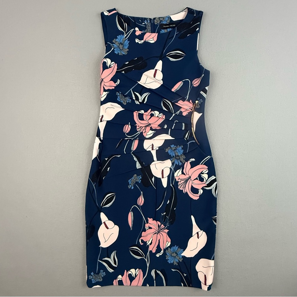 Ivanka Trump Dress Women's 6 Sleeveless Sheath Midi Pleated Zipper Accent Floral